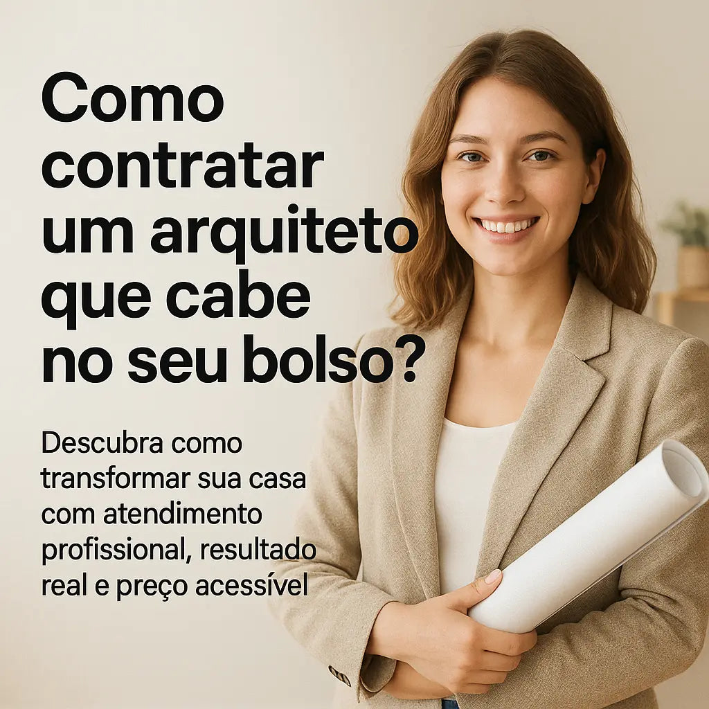 Arquiteta sorridente segurando planta em um ambiente iluminado, ao lado do título 'Como contratar um arquiteto que cabe no seu bolso?